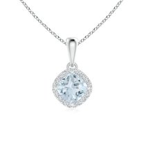 ANGARA Natural Sideways Cushion Aquamarine and Diamond Halo Pendant in 14K White Gold for Women (Size-5mm) | March Birthstone, Anniversary, Jewelry Gift for Women | Natural Aquamarine Necklace