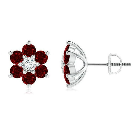 ANGARA Natural Six Petal Diamond and Ruby Flower Stud Earrings in 14K White Gold for Women (Size-1.7mm) | July Birthstone, Birthday, Anniversary, Jewelry Gift for Women | Natural Ruby Earrings