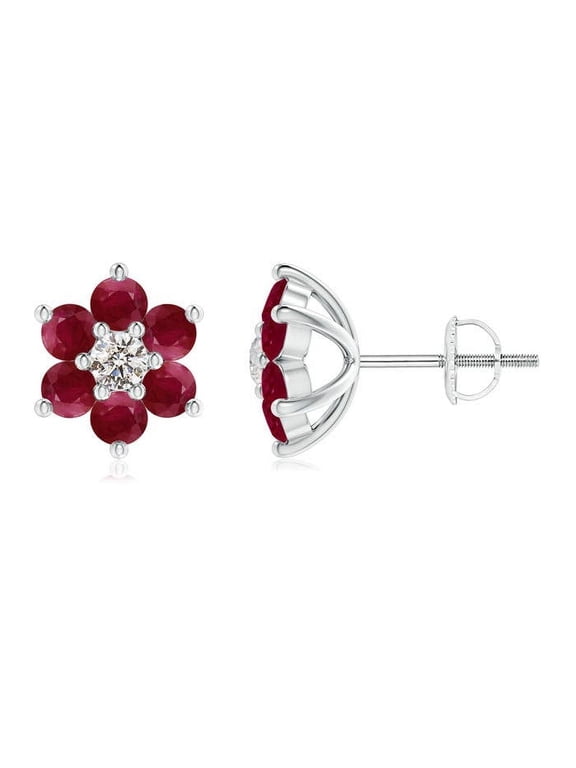 Natural Six Petal Diamond and Ruby Flower Stud Earrings in 14K White Gold for Women (Size-1.7mm) | July Birthstone, Birthday, Anniversary, Jewelry Gift for Women | Natural Ruby Earrings