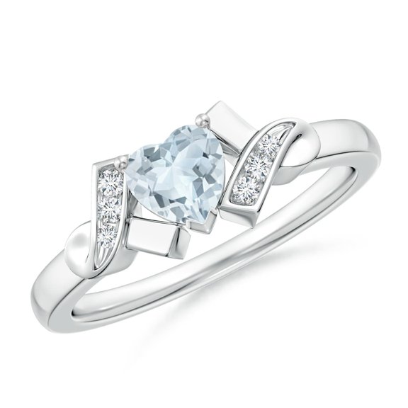 ANGARA Natural Solitaire Aquamarine Heart Ring with Diamond Accents in 14K White Gold for Women (Size-5mm) | March Birthstone, Birthday, Anniversary, Jewelry Gift for Women | Natural Aquamarine Ring