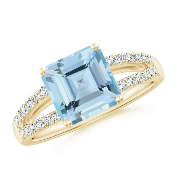 ANGARA Natural Solitaire Emerald-Cut 2 ct Aquamarine Split Shank Ring in 14K Yellow Gold for Women (Size-8mm) | March Birthstone, Anniversary, Jewelry Gift for Women | Natural Aquamarine Ring