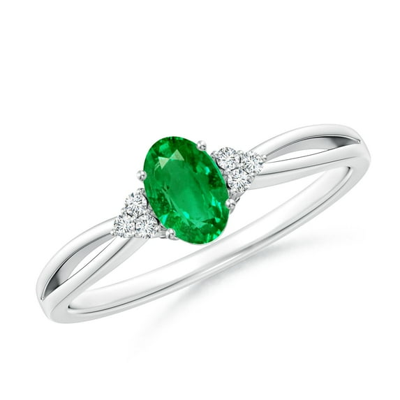 ANGARA Natural Solitaire Emerald Split Shank Engagement Ring with Trio Diamonds in 14K White Gold for Women (Size-6x4mm) | May Birthstone, Anniversary, Jewelry Gift for Women | Natural Emerald Ring
