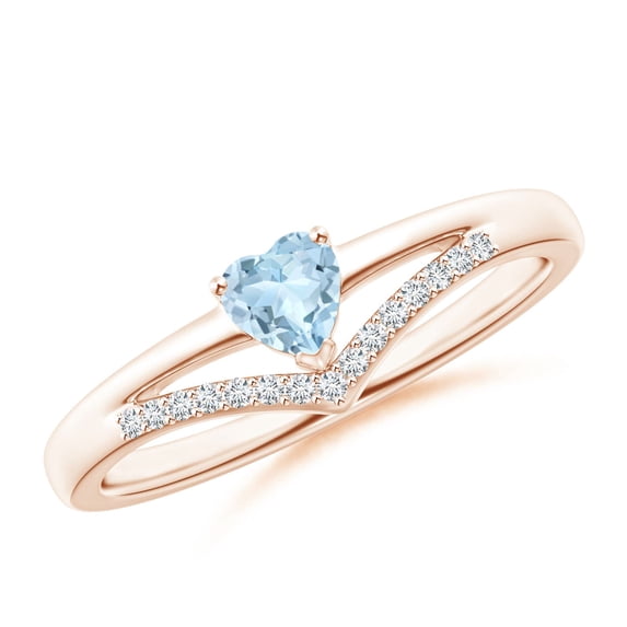 ANGARA Natural Solitaire Heart Aquamarine and Diamond Chevron Ring in 14K Rose Gold for Women (Size-4mm) | March Birthstone, Birthday, Anniversary, Jewelry Gift for Women | Natural Aquamarine Ring