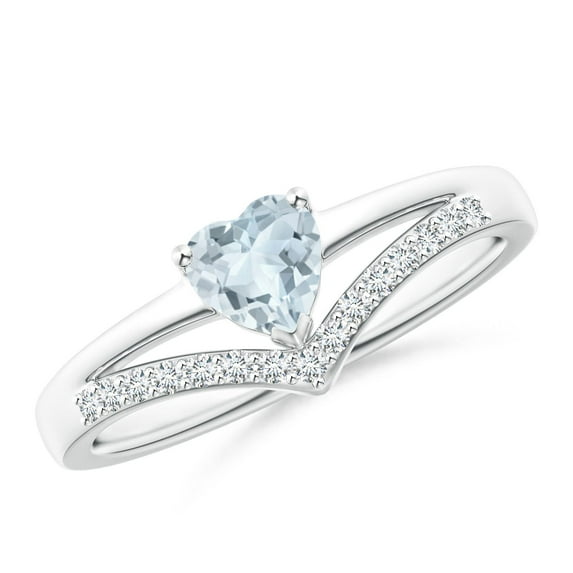 ANGARA Natural Solitaire Heart Aquamarine and Diamond Chevron Ring in 14K White Gold for Women (Size-5mm) | March Birthstone, Birthday, Anniversary, Jewelry Gift for Women | Natural Aquamarine Ring