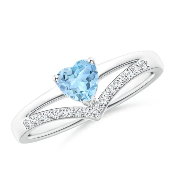 ANGARA Natural Solitaire Heart Aquamarine and Diamond Chevron Ring in 14K White Gold for Women (Size-5mm) | March Birthstone, Birthday, Anniversary, Jewelry Gift for Women | Natural Aquamarine Ring