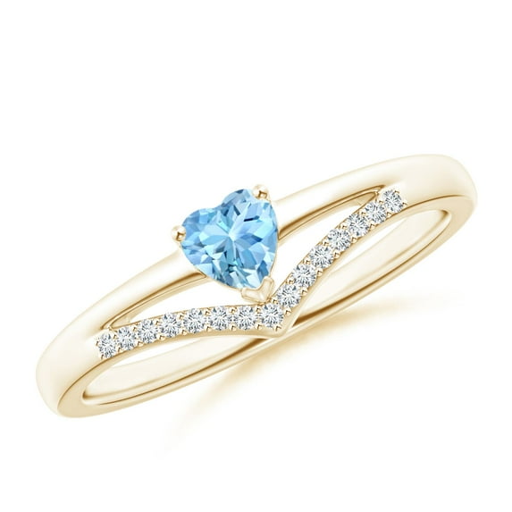 ANGARA Natural Solitaire Heart Aquamarine and Diamond Chevron Ring in 14K Yellow Gold for Women (Size-4mm) | March Birthstone, Birthday, Anniversary, Jewelry Gift for Women | Natural Aquamarine Ring