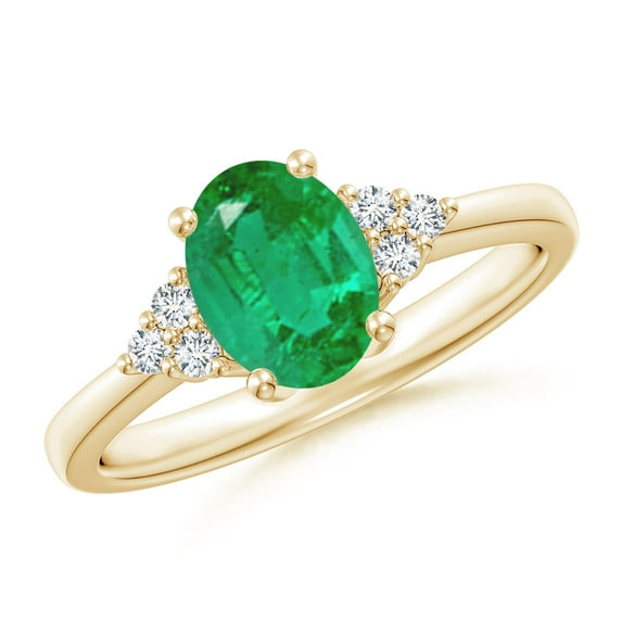 ANGARA Natural Solitaire Oval 1.1 ct Emerald Ring with Trio Diamond Accents in 14K Yellow Gold for Women (Size-8x6mm) | May Birthstone, Anniversary, Jewelry Gift for Women | Natural Emerald Ring