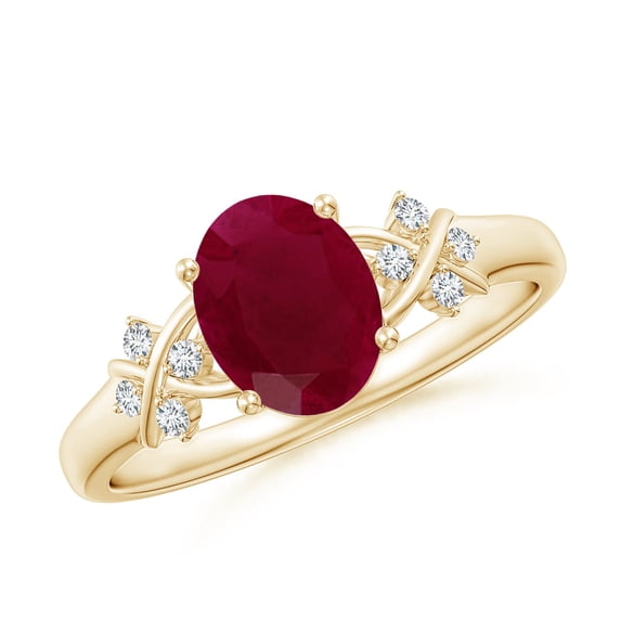 ANGARA Natural Solitaire Oval 1.25 ct Ruby Criss Cross Ring with Diamonds in 14K Yellow Gold for Women (Size-8x6mm) | July Birthstone Jewelry for Her | Natural Ruby Rings