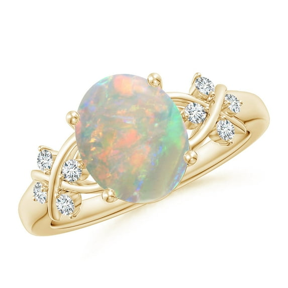 Angara Natural Opal Ring - Solitaire Oval 1.45 ct Opal Criss Cross Ring with Diamonds for Women | October Birthstone Jewelry | 14K Yellow Gold Opal Ring (Ring Size = 6.5)