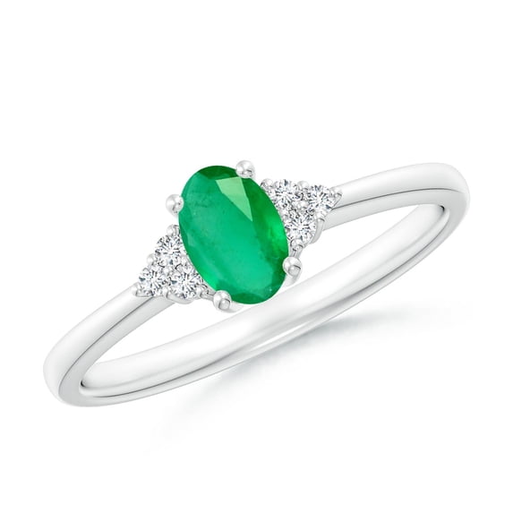 ANGARA Natural Solitaire Oval Emerald Ring with Trio Diamond Accents in 14K White Gold for Women (Size-6x4mm) | May Birthstone, Birthday, Anniversary, Jewelry Gift for Women | Natural Emerald Ring