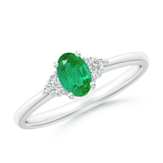 ANGARA Natural Solitaire Oval Emerald Ring with Trio Diamond Accents in 14K White Gold for Women (Size-6x4mm) | May Birthstone, Birthday, Anniversary, Jewelry Gift for Women | Natural Emerald Ring