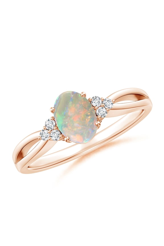 Natural Opal Ring - Solitaire Oval Opal Split Shank Ring with Trio Diamonds for Women | October Birthstone Jewelry | 14K Rose Gold Opal Ring (Ring Size = 5)