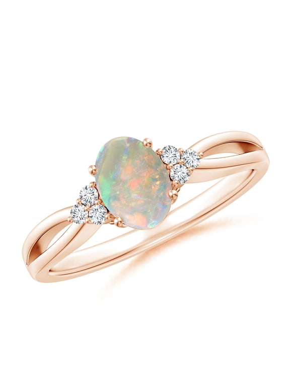 Natural Opal Ring - Solitaire Oval Opal Split Shank Ring with Trio Diamonds for Women | October Birthstone Jewelry | 14K Rose Gold Opal Ring (Ring Size = 5)