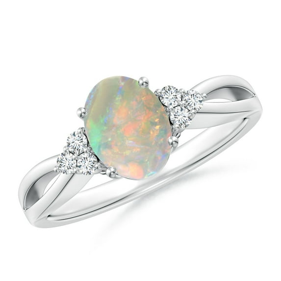 Angara Natural Opal Ring - Solitaire Oval Opal Split Shank Ring with Trio Diamonds for Women | October Birthstone Jewelry | 14K White Gold Opal Ring (Ring Size = 7)