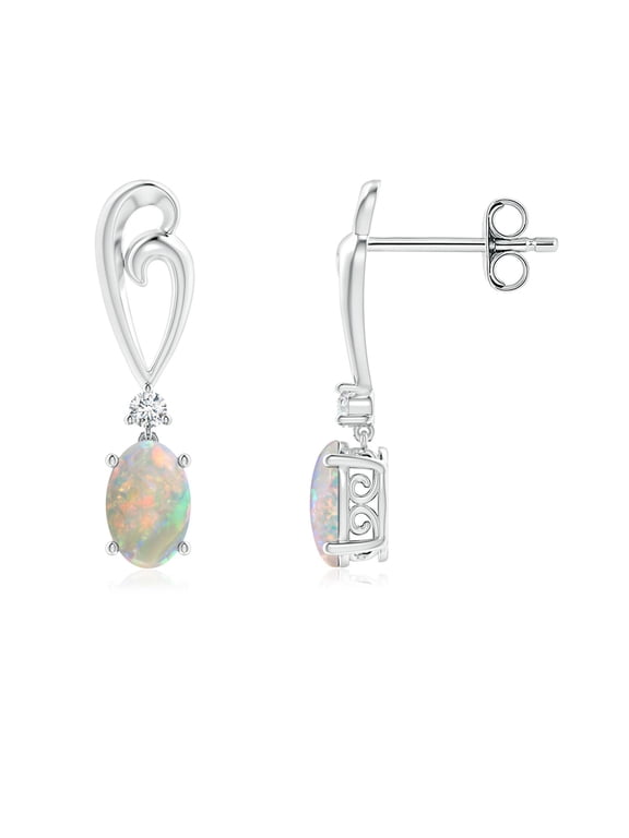 Natural Solitaire Oval Opal Swirl Drop Earrings with Diamond in 925 Sterling Silver for Women (Size-6x4mm) | October Birthstone, Anniversary, Jewelry Gift for Women | Natural Opal Earrings