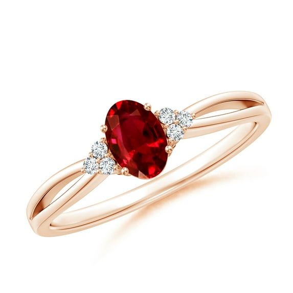 ANGARA Natural Solitaire Oval Ruby Split Shank Ring with Trio Diamonds in 14K Rose Gold for Women (Size-6x4mm) | July Birthstone Jewelry for Her | Natural Ruby Rings
