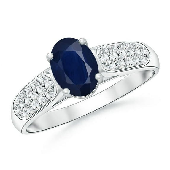 ANGARA Natural Solitaire Oval Sapphire Ring with Pave Diamond Accents in 14K White Gold for Women (Size-7x5mm) | September Birthstone, Anniversary, Jewelry Gift for Women | Natural Blue Sapphire Ring