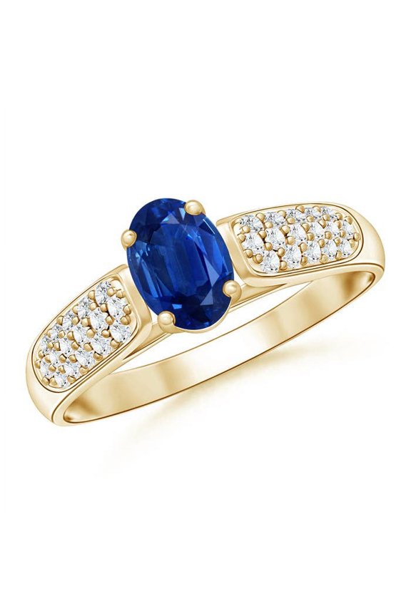 Natural Solitaire Oval Sapphire Ring with Pave Diamond Accents in 14K Yellow Gold for Women (Size-6x4mm) | September Birthstone, Anniversary, Jewelry Gift for Women | Natural Sapphire Ring