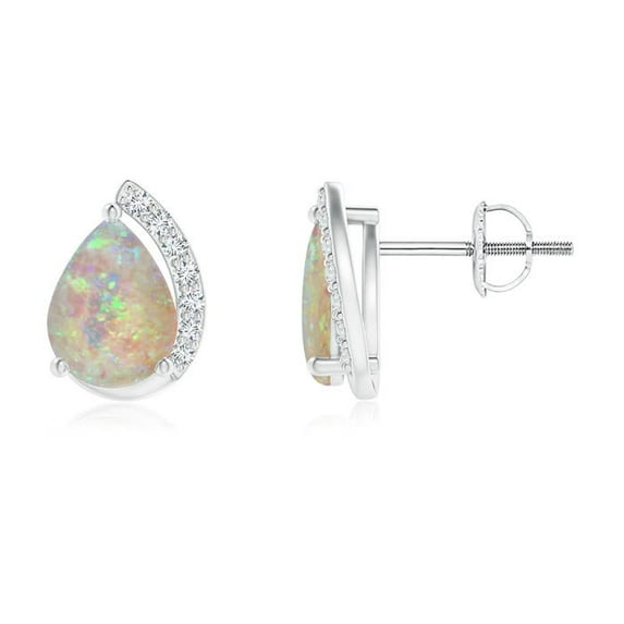 ANGARA Natural Solitaire Pear 1.4 ct Opal Swirl Stud Earrings with Diamond Accents in Platinum for Women (Size-8x6mm) | October Birthstone, Anniversary, Jewelry Gift for Women | Natural Opal Earrings