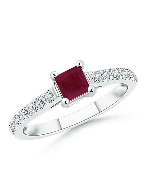 Natural Solitaire Square Ruby Ring with Diamond Accents in 14K White Gold for Women (Size-4mm) | July Birthstone, Birthday, Anniversary, Jewelry Gift for Women | Natural Ruby Ring