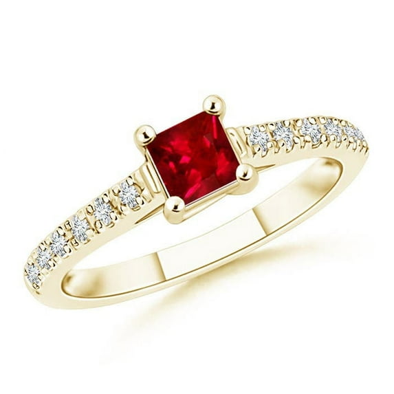 ANGARA Natural Solitaire Square Ruby Ring with Diamond Accents in 14K Yellow Gold for Women (Size-4mm) | July Birthstone, Birthday, Anniversary, Jewelry Gift for Women | Natural Ruby Ring