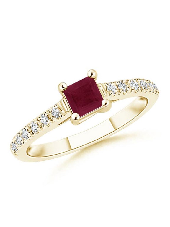 Natural Solitaire Square Ruby Ring with Diamond Accents in 14K Yellow Gold for Women (Size-4mm) | July Birthstone, Birthday, Anniversary, Jewelry Gift for Women | Natural Ruby Ring