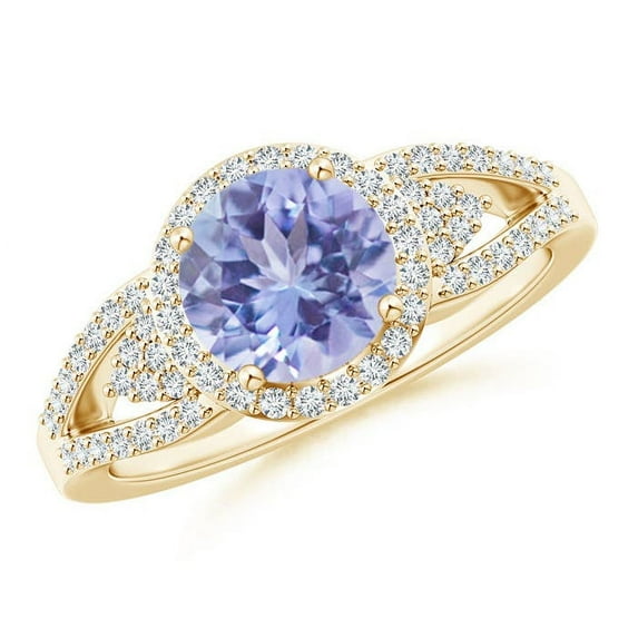 ANGARA Natural Split Shank 1.45 ct Tanzanite Halo Ring with Cluster Diamonds in 14K Yellow Gold for Women (Size-7mm) | December Birthstone, Anniversary Jewelry Gift for Women | Natural Tanzanite Ring