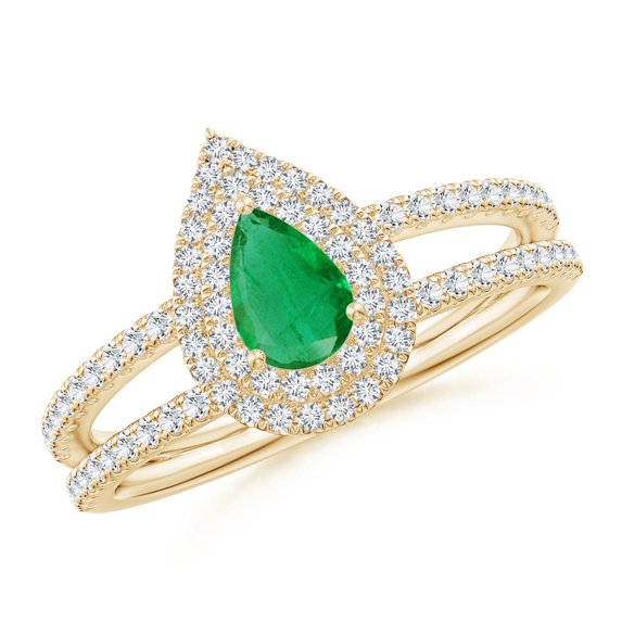 ANGARA Natural Split Shank Pear Emerald and Diamond Double Halo Ring in 14K Yellow Gold for Women (Size-6x4mm) | May Birthstone, Birthday, Anniversary, Jewelry Gift for Women | Natural Emerald Ring