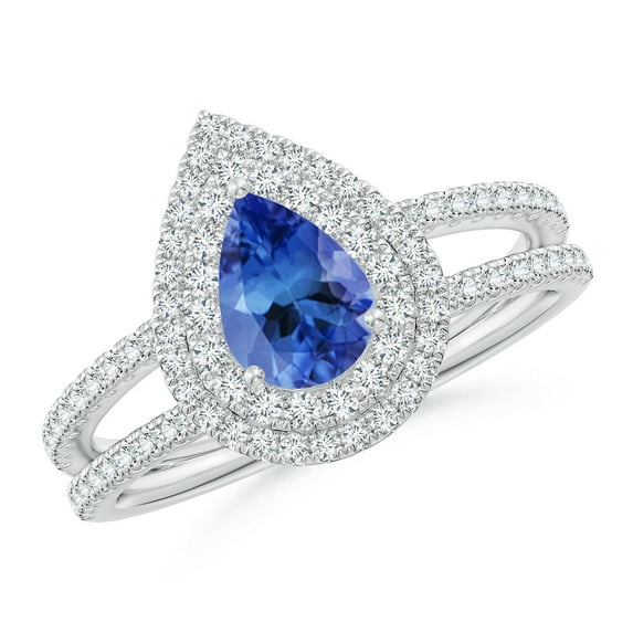 ANGARA Natural Split Shank Pear Tanzanite and Diamond Double Halo Ring in 14K White Gold for Women (Size-7x5mm) | December Birthstone, Anniversary, Jewelry Gift for Women | Natural Tanzanite Ring
