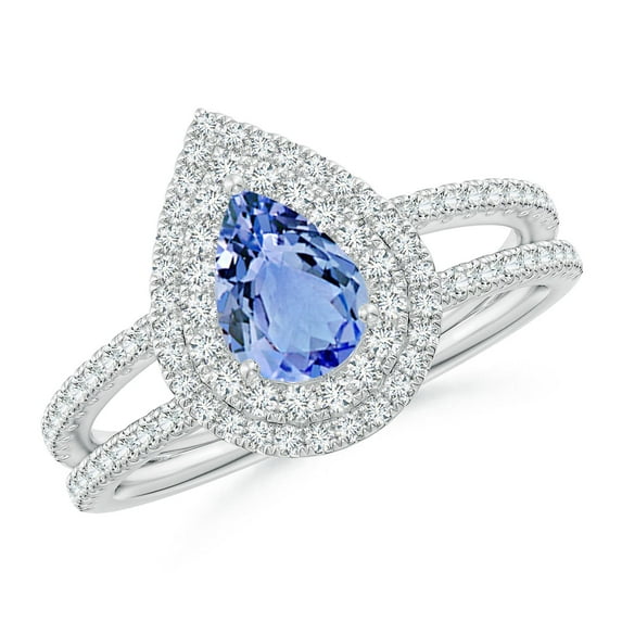 ANGARA Natural Split Shank Pear Tanzanite and Diamond Double Halo Ring in 14K White Gold for Women (Size-7x5mm) | December Birthstone, Anniversary, Jewelry Gift for Women | Natural Tanzanite Ring