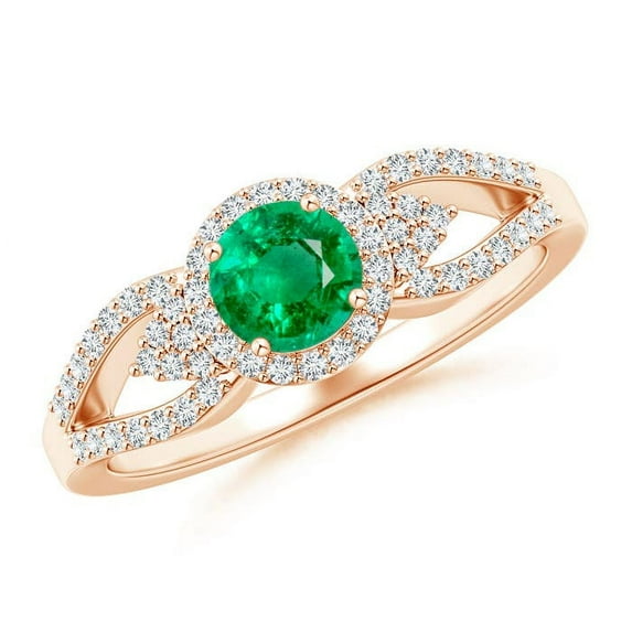 ANGARA Natural Split Shank Round Emerald Halo Ring with Cluster Diamonds in 14K Rose Gold for Women (Size-5mm) | May Birthstone, Birthday, Anniversary, Jewelry Gift for Women | Natural Emerald Ring