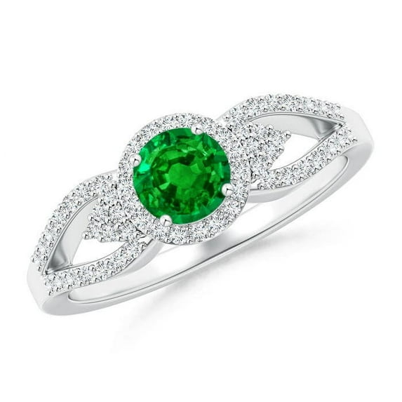 ANGARA Natural Split Shank Round Emerald Halo Ring with Cluster Diamonds in 14K White Gold for Women (Size-5mm) | May Birthstone, Birthday, Anniversary, Jewelry Gift for Women | Natural Emerald Ring
