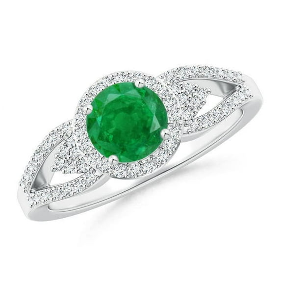 ANGARA Natural Split Shank Round Emerald Halo Ring with Cluster Diamonds in 14K White Gold for Women (Size-6mm) | May Birthstone, Birthday, Anniversary, Jewelry Gift for Women | Natural Emerald Ring