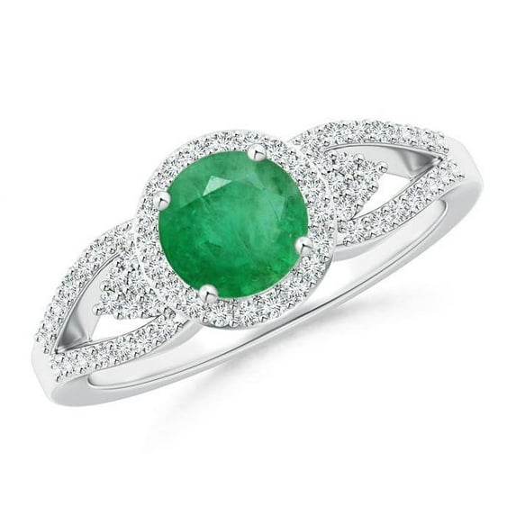 ANGARA Natural Split Shank Round Emerald Halo Ring with Cluster Diamonds in 14K White Gold for Women (Size-6mm) | May Birthstone, Birthday, Anniversary, Jewelry Gift for Women | Natural Emerald Ring