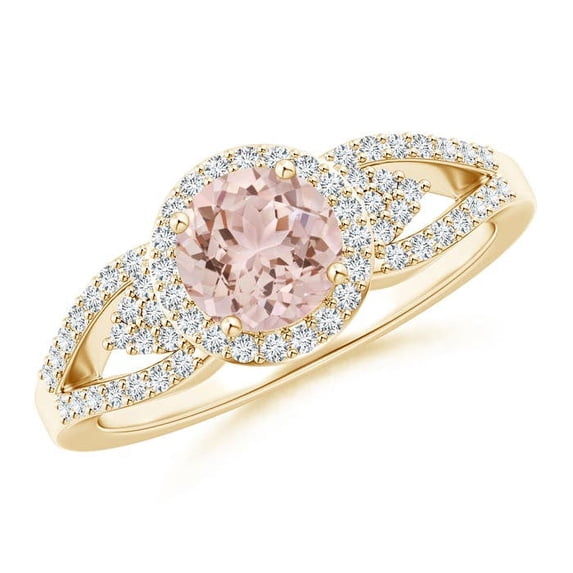 ANGARA Natural Split Shank Round Morganite Halo Ring with Cluster Diamonds in 14K Yellow Gold for Women | Birthday, Anniversary, Jewelry Gift for Women | Natural Morganite Ring