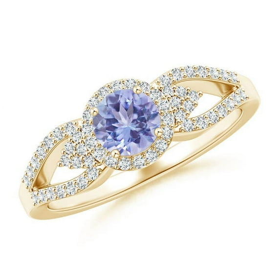 ANGARA Natural Split Shank Round Tanzanite Halo Ring with Cluster Diamonds in 14K Yellow Gold for Women (Size-5mm) | December Birthstone, Anniversary, Jewelry Gift for Women | Natural Tanzanite Ring