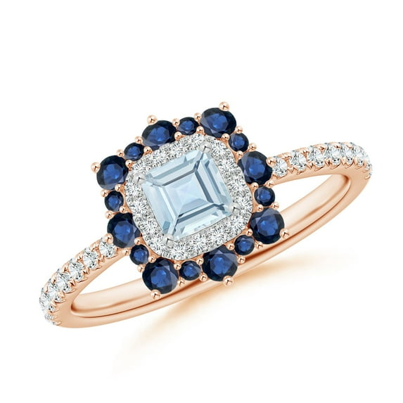 ANGARA Natural Square Aquamarine Two Tone Ring with Ornate Double Halo in 14K Rose & White Gold for Women (Size-4mm) | March Birthstone, Anniversary, Jewelry Gift for Women | Natural Aquamarine Ring