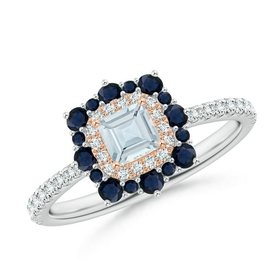ANGARA Natural Square Aquamarine Two Tone Ring with Ornate Double Halo in 14K White & Rose Gold for Women (Size-4mm) | March Birthstone, Anniversary, Jewelry Gift for Women | Natural Aquamarine Ring