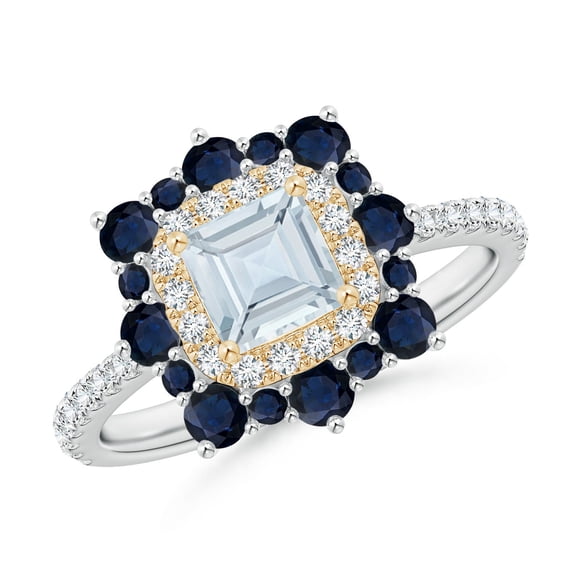 ANGARA Natural Square Aquamarine Two Tone Ring with Ornate Double Halo in 14K White & Yellow Gold for Women (Size-5mm) | March Birthstone, Anniversary Jewelry Gift for Women | Natural Aquamarine Ring