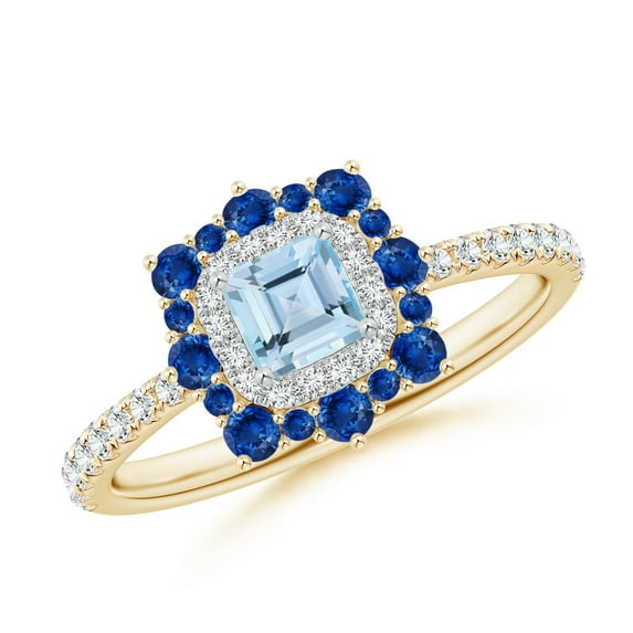 ANGARA Natural Square Aquamarine Two Tone Ring with Ornate Double Halo in 14K Yellow & White Gold for Women (Size-4mm) | March Birthstone, Anniversary Jewelry Gift for Women | Natural Aquamarine Ring