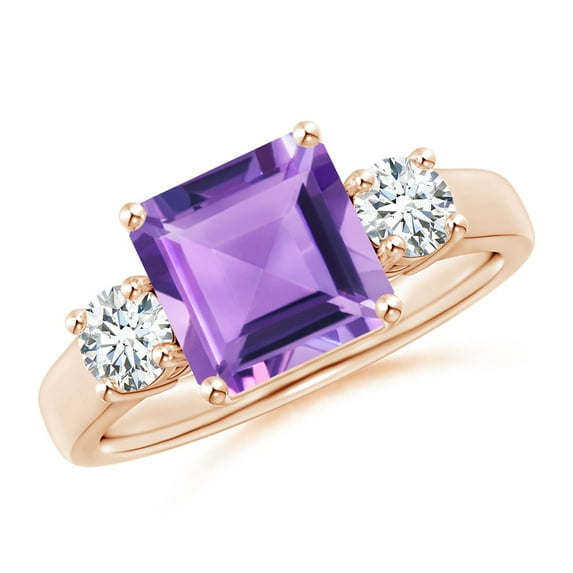 ANGARA Natural Square Emerald-Cut 2 ct Amethyst and Diamond Three Stone Ring in 14K Rose Gold for Women (Size-8mm) | February Birthstone, Anniversary, Jewelry Gift for Women | Natural Amethyst Ring