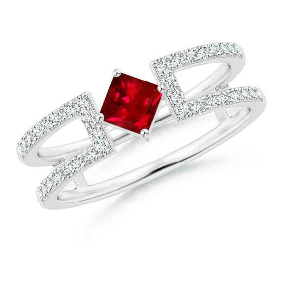 ANGARA Natural Square Ruby Parallel Split Shank Ring with Accents in 14K White Gold for Women (Size-4mm) | July Birthstone, Birthday, Anniversary, Jewelry Gift for Women | Natural Ruby Ring