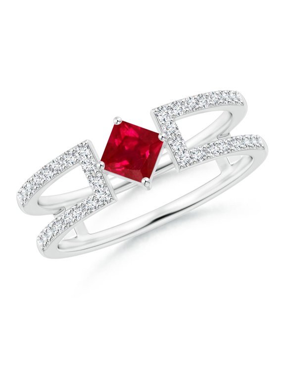 Natural Square Ruby Parallel Split Shank Ring with Accents in 14K White Gold for Women (Size-4mm) | July Birthstone, Birthday, Anniversary, Jewelry Gift for Women | Natural Ruby Ring