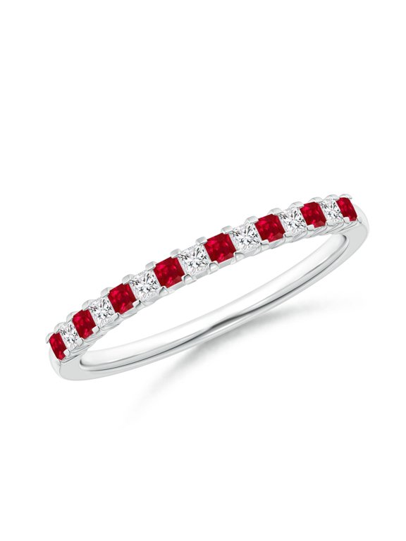 Natural Square Ruby and Princess Diamond Semi Eternity Classic Wedding Ring in 14K White Gold for Women (Size-1.5mm) | July Birthstone, Anniversary, Jewelry Gift for Women | Natural Ruby Ring