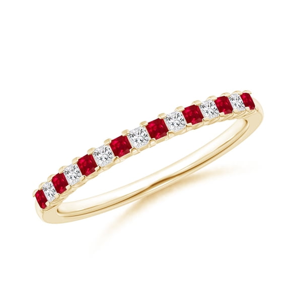 ANGARA Natural Square Ruby and Princess Diamond Semi Eternity Classic Wedding Ring in 14K Yellow Gold for Women (Size-1.5mm) | July Birthstone, Anniversary, Jewelry Gift for Women | Natural Ruby Ring