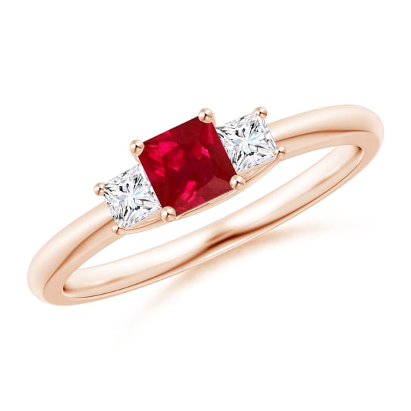 ANGARA Natural Square Ruby and Princess Diamond Three Stone Ring in 14K Rose Gold for Women (Size-4mm) | July Birthstone Jewelry for Her | Natural Ruby Rings