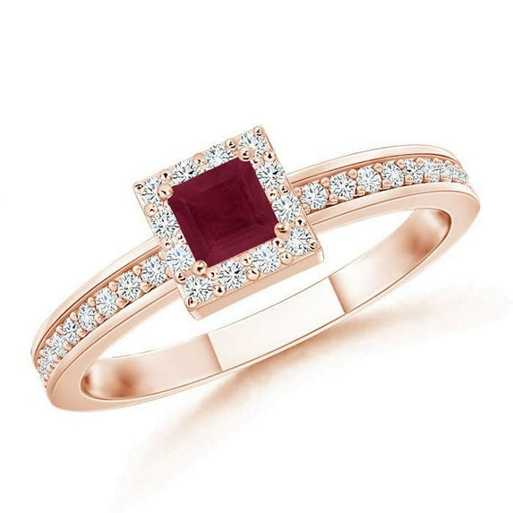 ANGARA Natural Square Ruby Stackable Ring with Diamond Halo in 14K Rose Gold for Women (Size-3mm) | July Birthstone, Birthday, Anniversary, Jewelry Gift for Women | Natural Ruby Ring