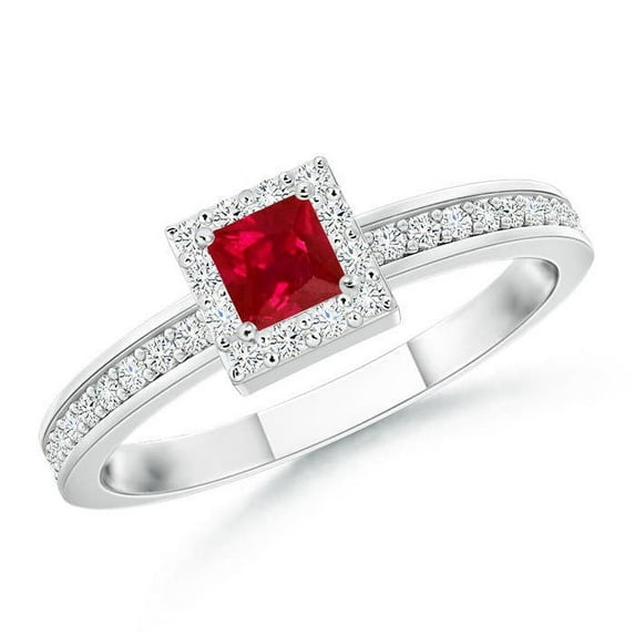 ANGARA Natural Square Ruby Stackable Ring with Diamond Halo in 14K White Gold for Women (Size-3mm) | July Birthstone, Birthday, Anniversary, Jewelry Gift for Women | Natural Ruby Ring