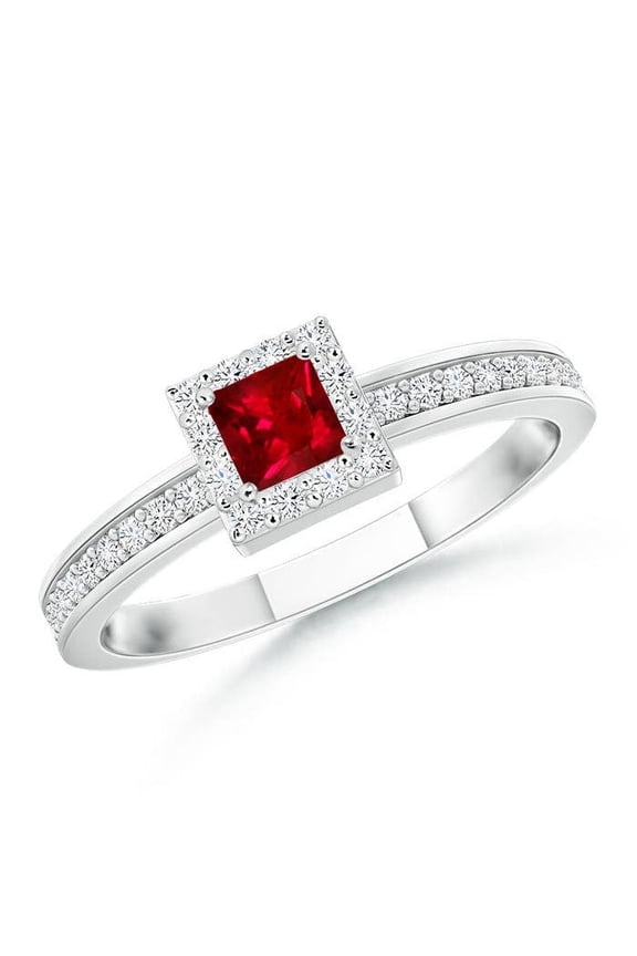 Natural Square Ruby Stackable Ring with Diamond Halo in 14K White Gold for Women (Size-3mm) | July Birthstone Jewelry for Her | Natural Ruby Rings