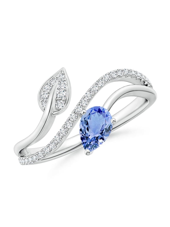 Natural Tanzanite and Diamond Bypass Ring with Leaf Motif in 14K White Gold for Women (Size-6x4mm) | December Birthstone, Birthday, Anniversary, Jewelry Gift for Women | Natural Tanzanite Ring